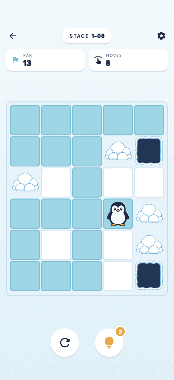 ぬりぺん のゲーム画面。ペンギンが氷の盤面を滑って通ったマスが塗られている